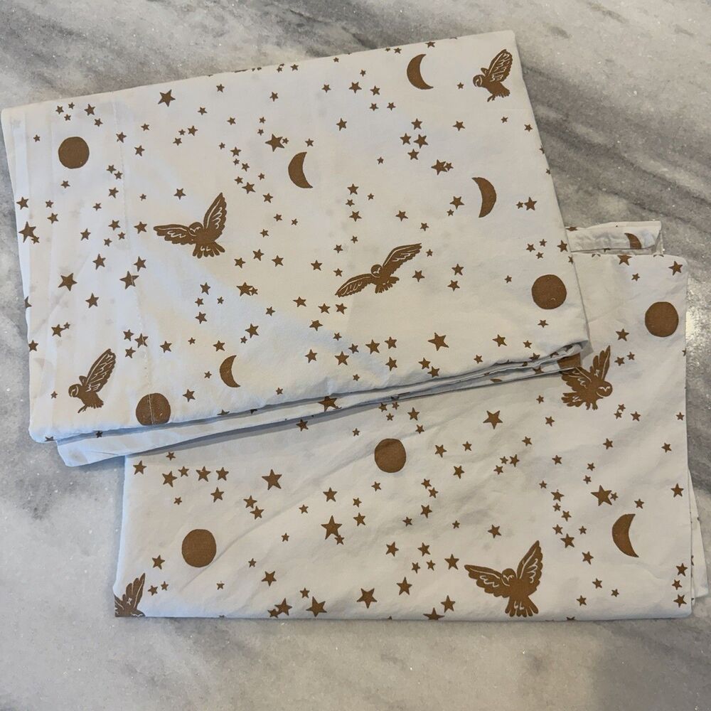 Pottery Barn White Bed Sheets with Gold Star & Moon Print